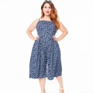 Unique Vintage Plus Size Navy Blue Embroidered Floral Nancy Romper w Pockets